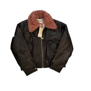 Scotch & Soda Leather Bomber Jacket Sherpa Collar NWT Oversized Distressed L